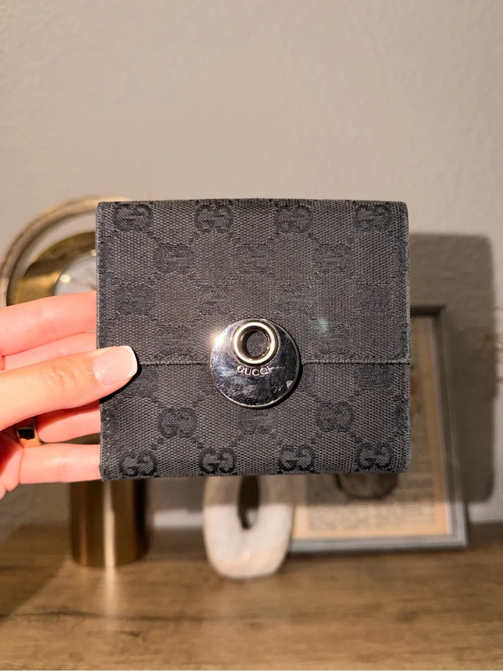Gucci Black GG Canvas Snap Compact Card Holder
